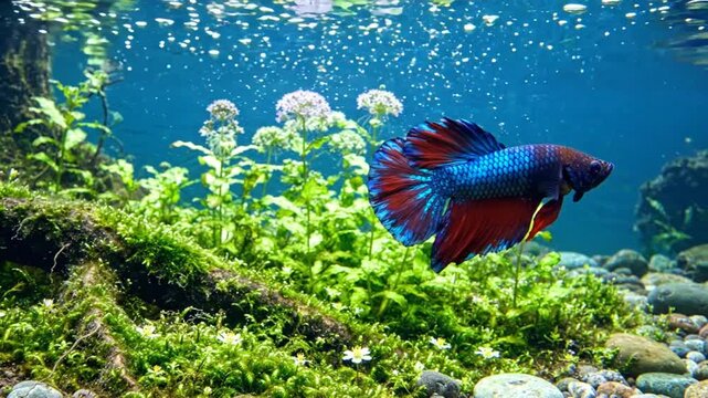 Vibrant Male Betta Fish Swimming Gracefully in a Lush Underwater Aquarium with Green Aquatic Plants