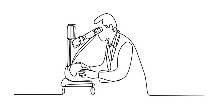 Continuous one line drawing of a doctor using a microscope in a laboratory for medical research and science study concept in a simple minimalist style
