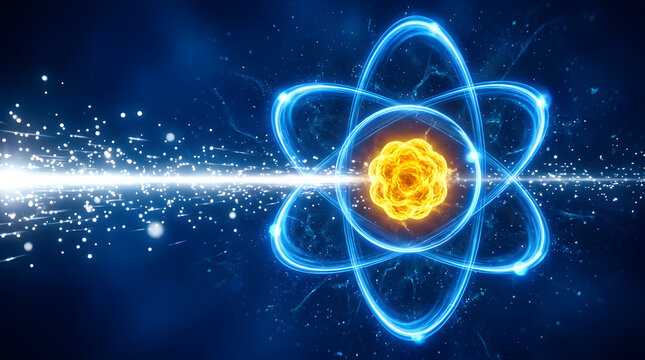 Futuristic atomic particle energy core glowing in space with radiant blue orbitals with surrounded dynamic blue orbital trails cosmic particle backdrop