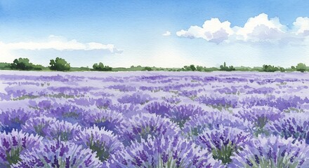 Obraz premium Lavender Field under Blue Sky: A vast expanse of fragrant lavender bushes stretches towards the horizon, under a clear blue sky dotted with fluffy white clouds.