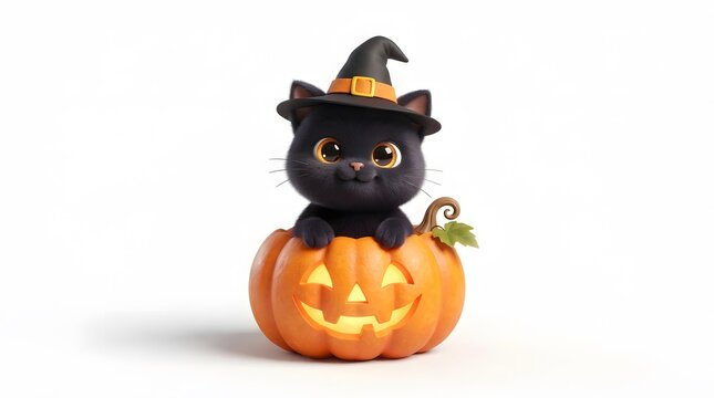 Cute black kitten in a jackolantern pumpkin isolated on white background