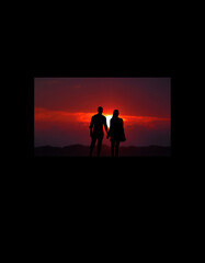Fototapeta premium Silhouette Couple Watching Sunset with Romantic Landscape and Beautiful Evening Sky