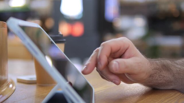 Hand taps tablet screen in cozy cafe setting. Warm lighting highlights focused interaction. Coffee cup nearby adds relaxed atmosphere. Ideal for digital work, modern lifestyle, or tech tutorials