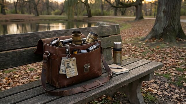 Leather camera bag and vintage gear on bench.