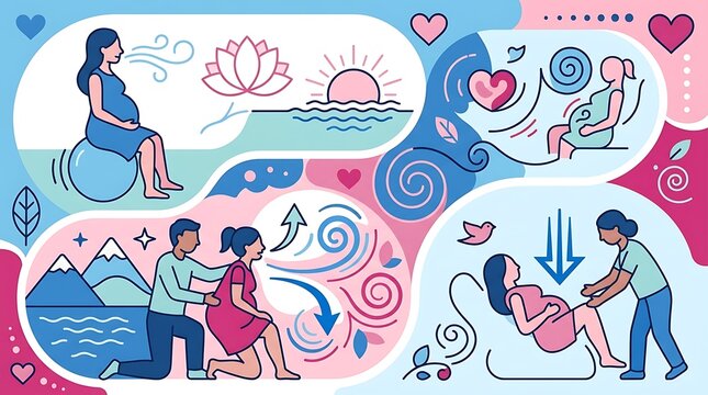 Pregnancy breathing techniques and birthing support illustration