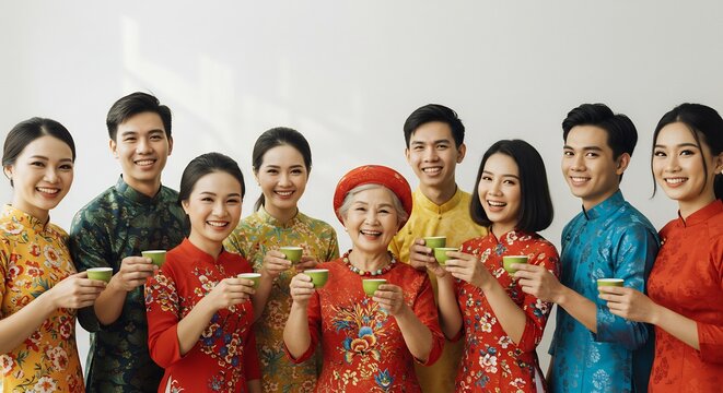 Generations United in Tradition: A heartwarming scene of a multi-generational Vietnamese family, adorned in vibrant traditional attire, sharing a moment of joy and connection over tea.
