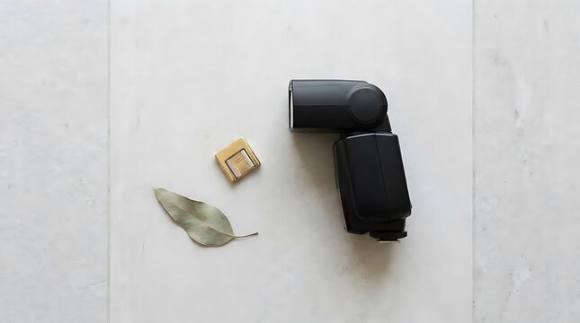 Flat lay of camera flash and hot shoe.