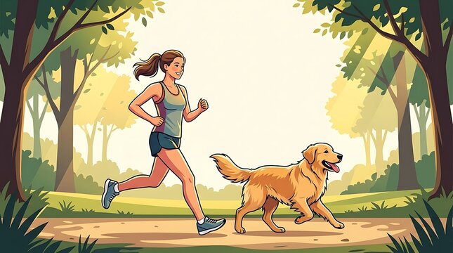 Happy woman running with a golden retriever dog on a park trail