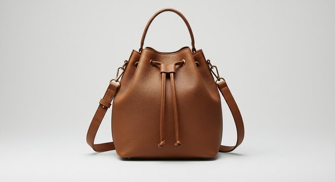Elegant Leather Bucket Bag: A sophisticated brown leather bucket bag with adjustable straps and drawstring closure, exuding timeless style and versatility for any occasion.
