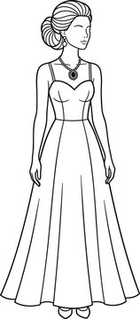 Elegant woman wearing long formal evening gown fashion vector illustration featuring chic updo hairstyle and luxury statement necklace