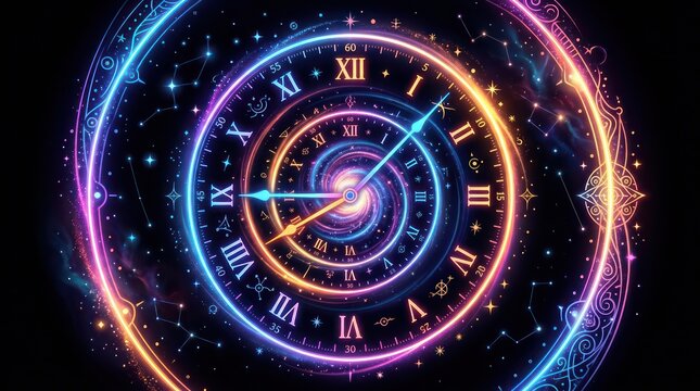 Spiral clock face with glowing neon rings. Abstract time concept with cosmic galaxy light.