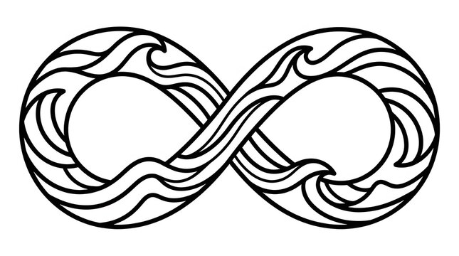 Black and white line art illustration of an infinity symbol shaped like flowing ocean waves