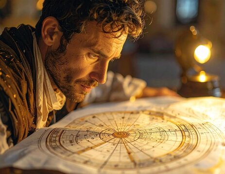Man studying ancient celestial map with intricate details and glowing light.