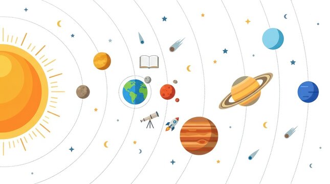 Solar system planets orbiting the sun. Educational space illustration for science lessons.