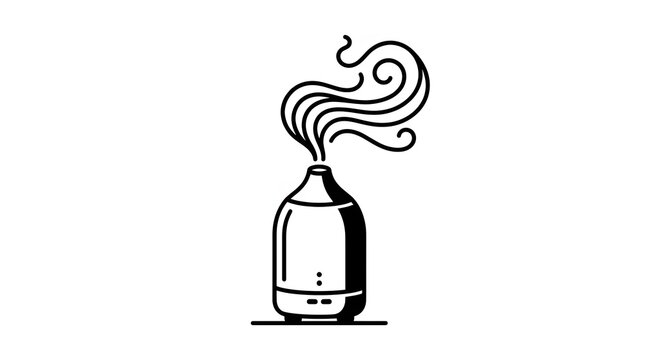 Minimalist line art drawing of an electric essential oil diffuser releasing a gentle cloud of aromatic steam
