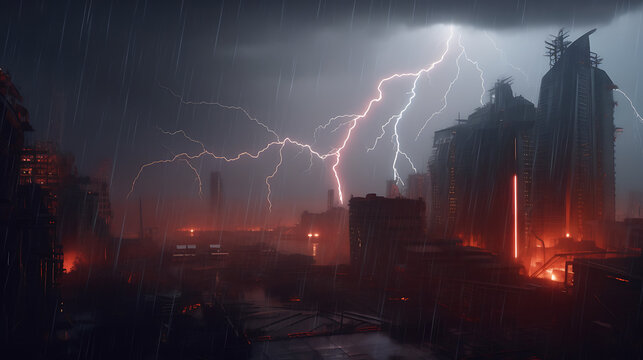 Dramatic cityscape under intense lightning storm and fiery glow