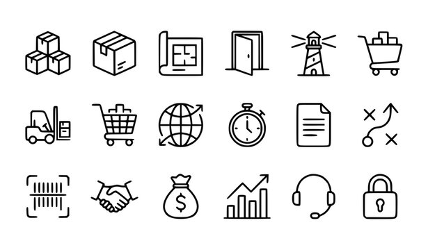 Modern outline logistics and business icon set with delivery package inventory and strategy symbols for web and app design