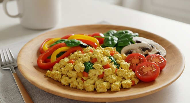 Healthy Tofu Scramble Breakfast: A vibrant plate filled with a savory tofu scramble, fresh spinach, sliced mushrooms, juicy tomatoes, and colorful bell peppers, accompanied by a steaming mug.