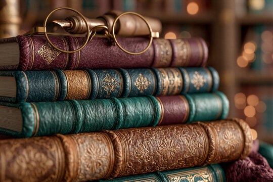 Stacked leather books in a staircase shape, burgundy navy and emerald covers, vintage brass glasses and pen, blurred wooden shelves, warm cinematic lighting, negative space for education branding.