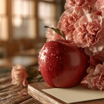 Glossy red apple with water droplets beside pink carnations and a blank cream card on wood, bathed in warm cinematic classroom light with right negative space ideal for Teacher's Day greeting designs.
