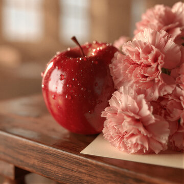 Glossy red apple with water droplets beside pink carnations and a blank cream card on wood, bathed in warm cinematic classroom light with right negative space ideal for Teacher's Day greeting designs.