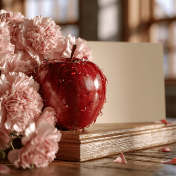 Glossy red apple with water droplets beside pink carnations and a blank cream card on wood, bathed in warm cinematic classroom light with right negative space ideal for Teacher's Day greeting designs.