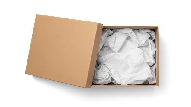 Crushed white foam pieces spilling out of open cardboard box