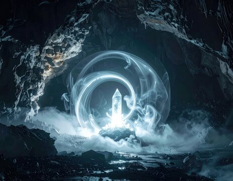 Glowing crystal inside dark cavern with swirling smoke.