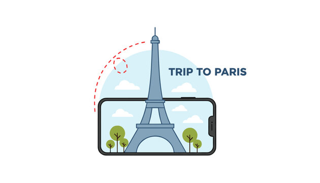 Mobile phone screen displaying the Eiffel Tower illustration with a red dashed line symbolizing a trip to Paris vacation planning.