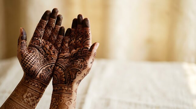 Hands decorated with intricate traditional henna designs on palms