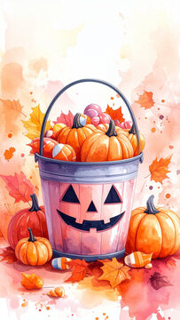 Watercolor Style Halloween Jack O Lantern Bucket Overflowing With Pumpkins And Autumn Leaves in Soft Painting Style