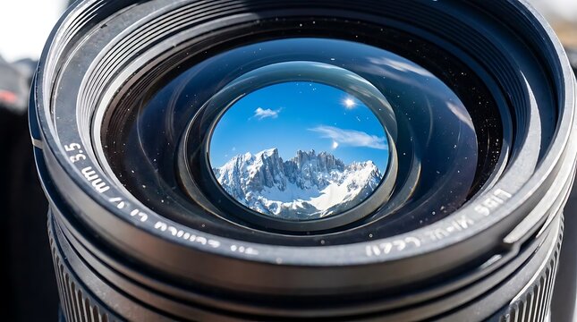 Camera lens reflecting snowy mountain peaks in front element