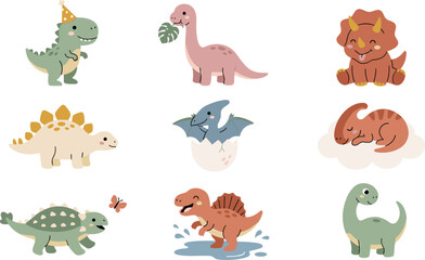 Cute dinosaur cartoon vector collection featuring Tyrannosaurus, Brontosaurus, Triceratops, Stegosaurus, Pterodactyl, Spinosaurus, and adorable prehistoric character illustrations © Yevhenii creative