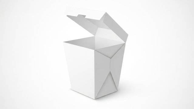 Open empty paper takeout food container with lid on side