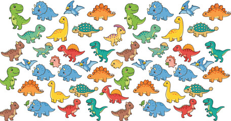 Cute dinosaur cartoon vector collection featuring Tyrannosaurus, Triceratops, Stegosaurus, Brachiosaurus, Pterodactyl, Spinosaurus, Ankylosaurus, and colorful playful prehistoric characters © Yevhenii creative