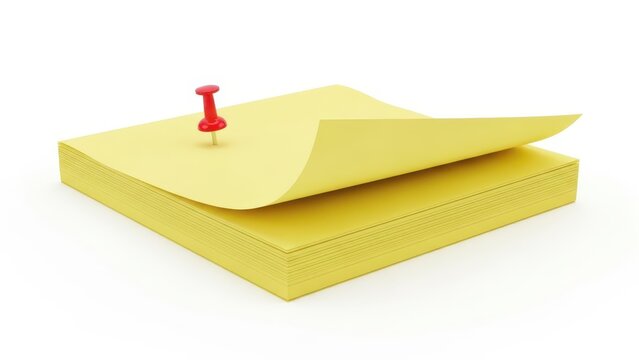 Yellow sticky note pad with push pin on top of paper stack