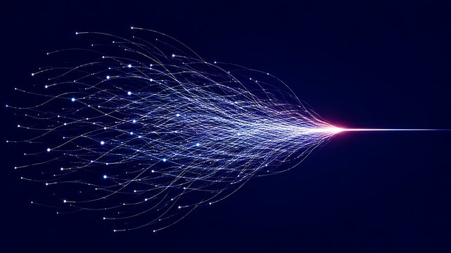 Abstract background of data flow with light streaks and glowing particles concentrating into single point.