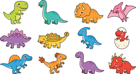 Cute Dinosaur Cartoon Vector Collection with T-Rex, Triceratops, Stegosaurus, Ankylosaurus, Pterodactyl, and Baby Dinosaurs © Yevhenii creative