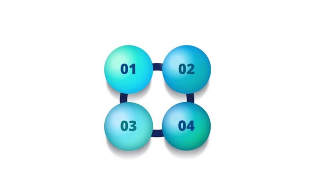 3D 4-step circle infographic diagram connected in a loop with numbered nodes 01 to 04 in cyan and blue gradients. Business workflow and option chart layout on white, green, and dark blue.