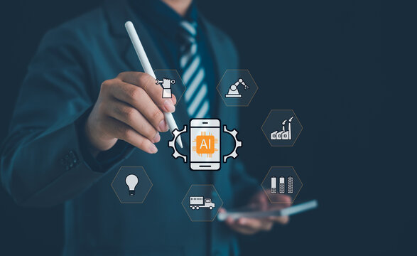 Business professional using AI automation for smart manufacturing, industrial robotics, mobile technology, predictive maintenance, logistics optimization, and digital transformation.