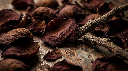 Fototapeta premium Dried rose petals on rustic metal surface. Macro shot of withered flowers and wooden twigs.