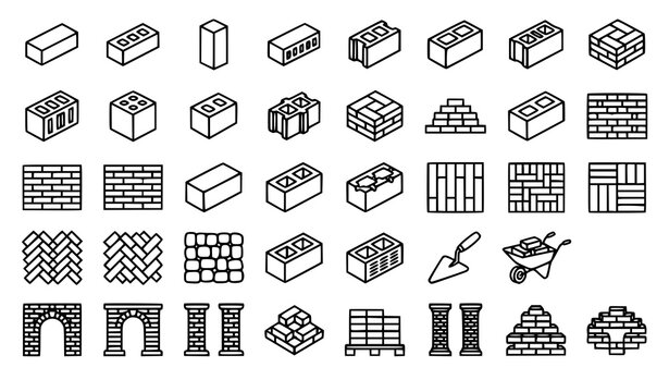Set of isometric brick and masonry icons featuring various building materials construction patterns and masonry tools
