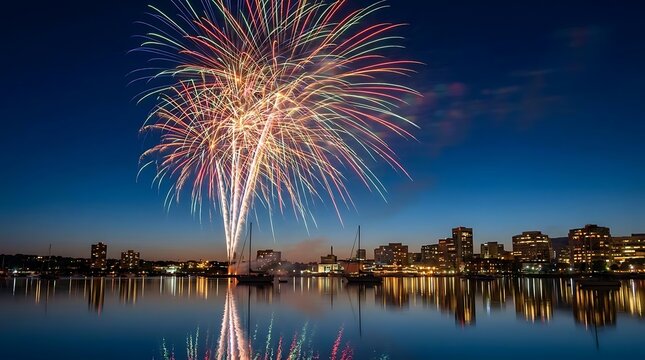 Fireworks exploding over city harbor at night.
