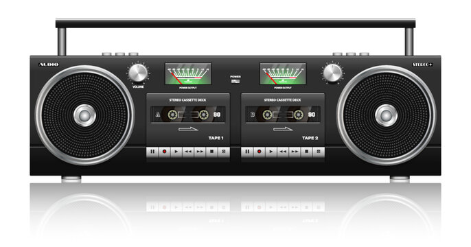 Vector classic large vintage black double cassette mobile tape recorder. Boombox. Analog musical device. Speakers and equalizers. Stereo gadget from 80s and 90s. Music and electronic