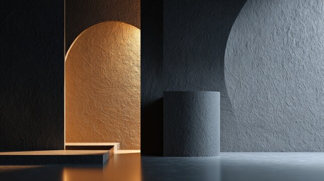 Modern architecture shows curved shapes and contrasting colors in a lit space at different times of the day