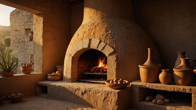 Generative AI illustration: stone oven with pots and pots on it with detailed texture