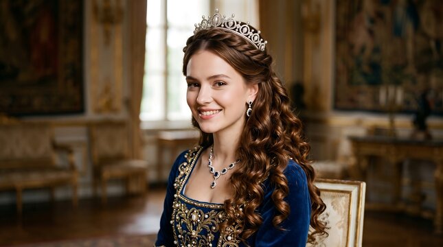 Young queen wearing a crown. Royal woman in a vintage dress inside a palace.