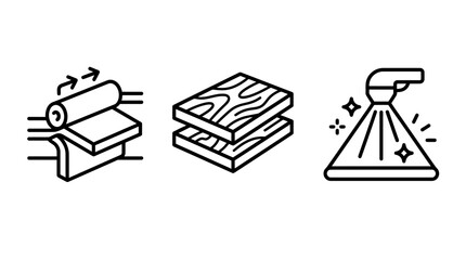 Fototapeta premium Industrial manufacturing process icons set depicting material lamination wood layering and spray coating application with manufacturing industry lamination spraying production engineering