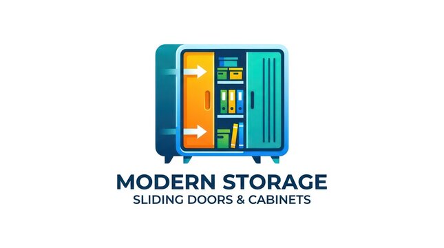 Modern storage cabinet logo with sliding doors. Furniture icon for interior design business.