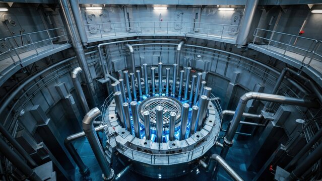 Top view of nuclear reactor pool glowing with Cherenkov radiation blue light